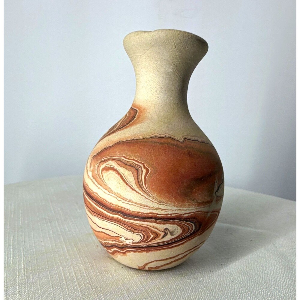 Nemadji Art Pottery Bud Vase, Marbled Swirl Design, Brown/Beige, 4.5" Backstamp